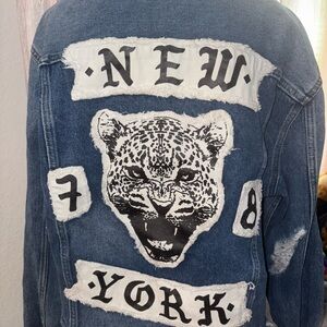 Blue Denim Jacket with Leopard Graphic